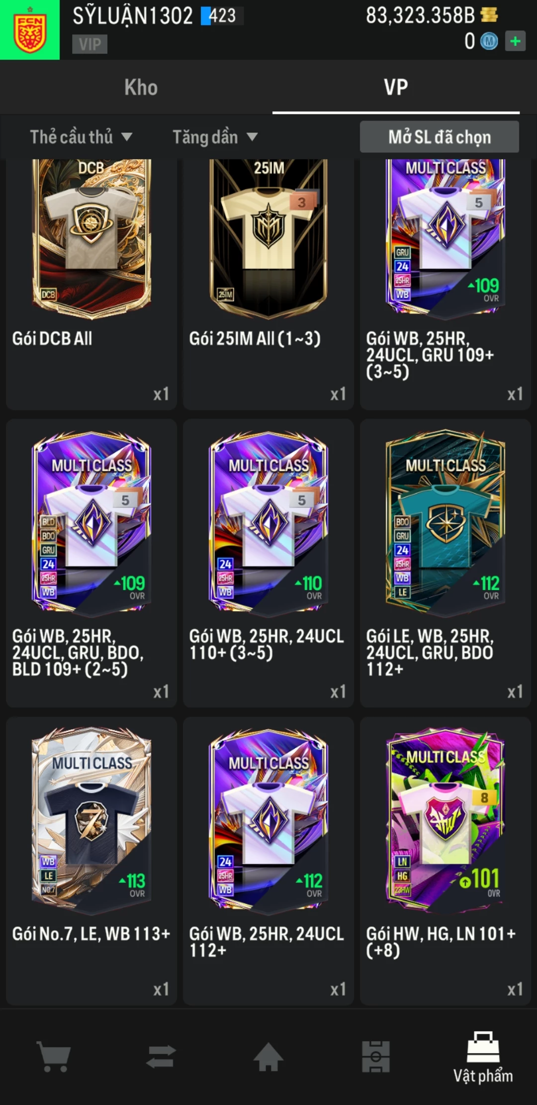 Ảnh ACC mở thẻ (LOẠI SVIP PROMAX) bao gồm có 01 thẻ +12, 03 thẻ PRIME (QH+, CP+, XS+) và hơn 1600+ đến 3500+ thẻ cầu thủ từ Siêu sao đến Miền núi các loại. Acc có sẵn BP trắng từ 55.000 tỷ BP đến 90.000 tỷ BP